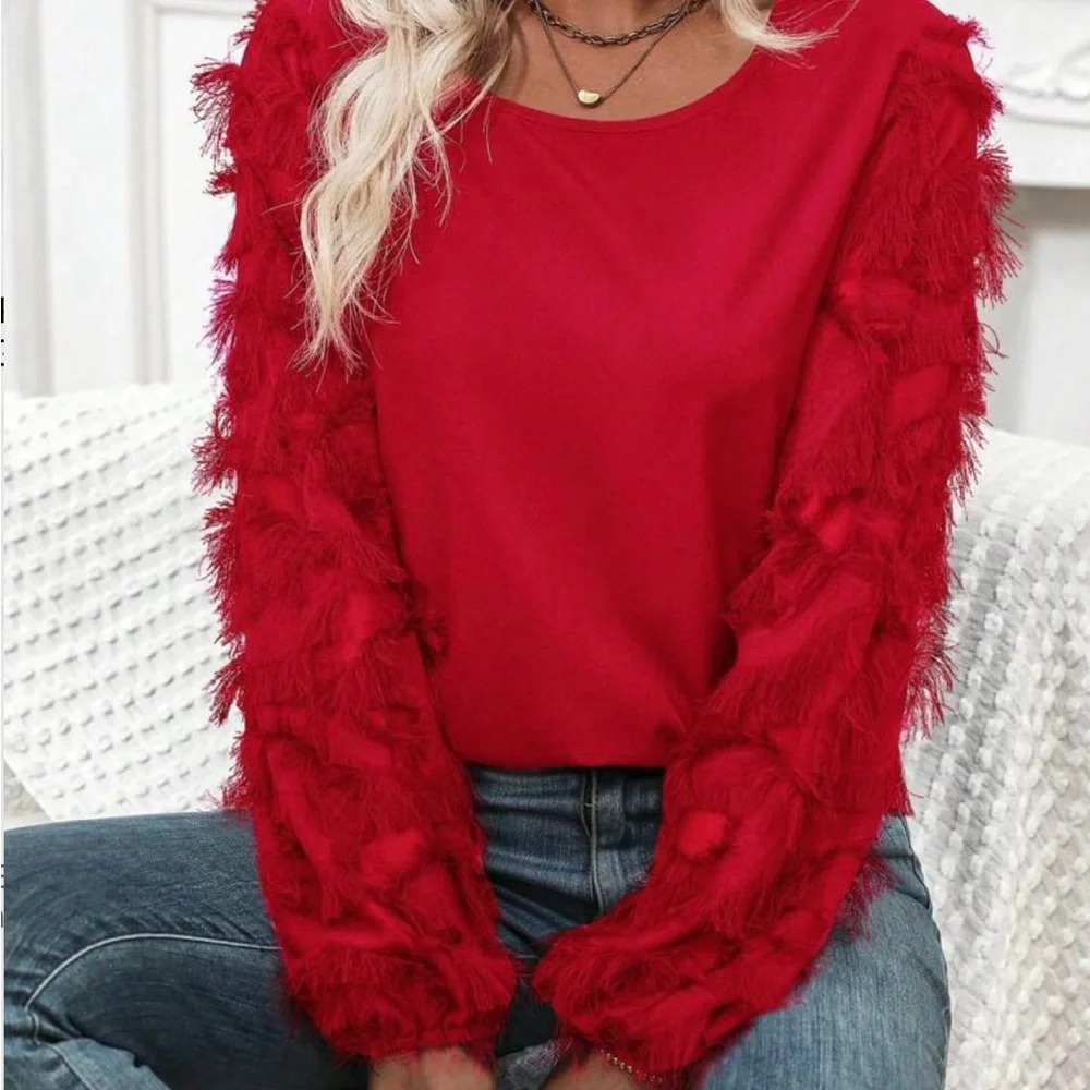 Never Been Worn-Red Fringed Sleeve Women's Top - Picture 2 of 5